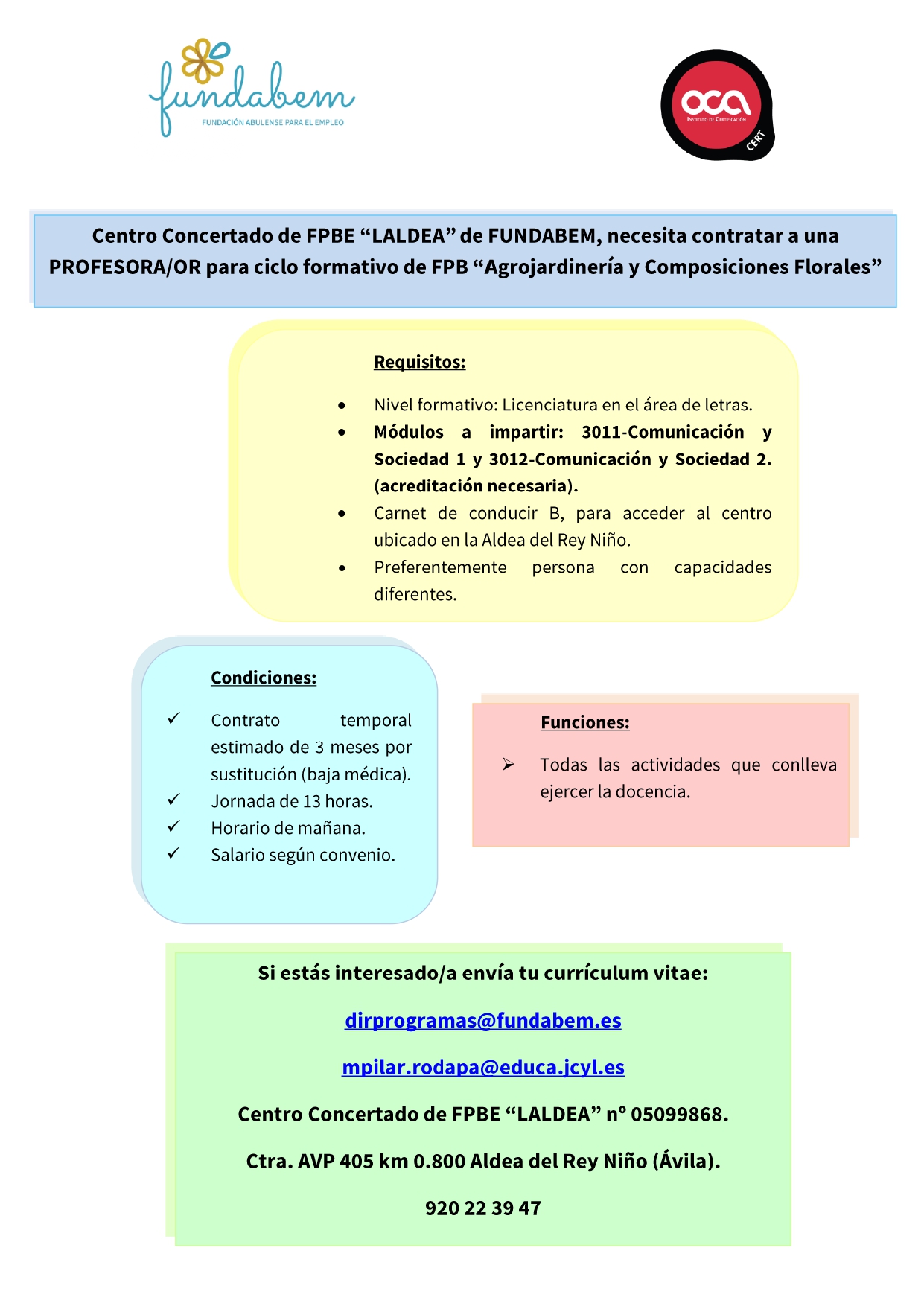 ❗️Fundabem necesita contratar a una PROFESORA/OR para ciclo formativo de FPB “Agrojardinería y Composiciones Florales”❗️