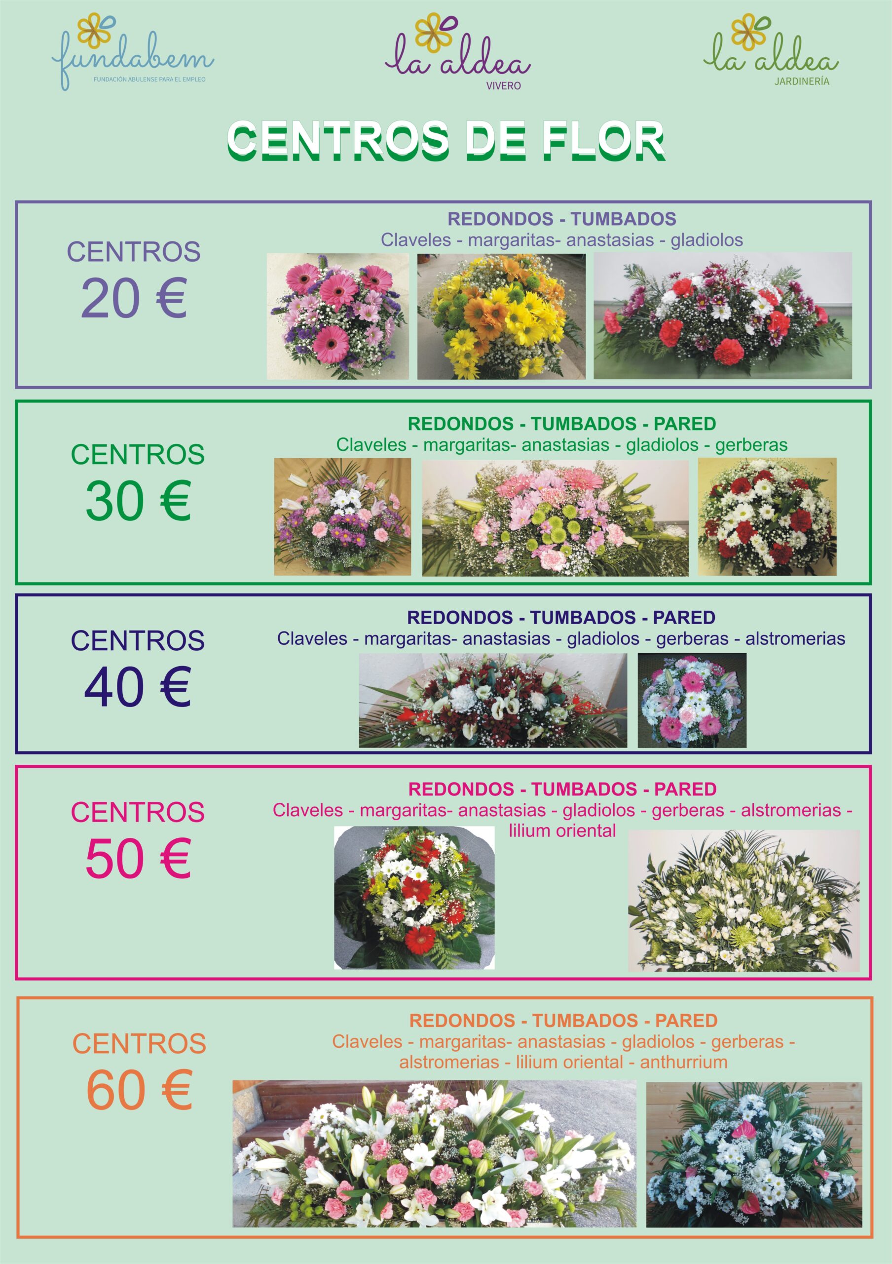 ¡¡Hola!! Te adjuntamos un pequeño catálogo para ayudarte en la elección de tu centro de flor natural. Cuando quieras, llama al 606 34 11 18 para hacer tu reserva.