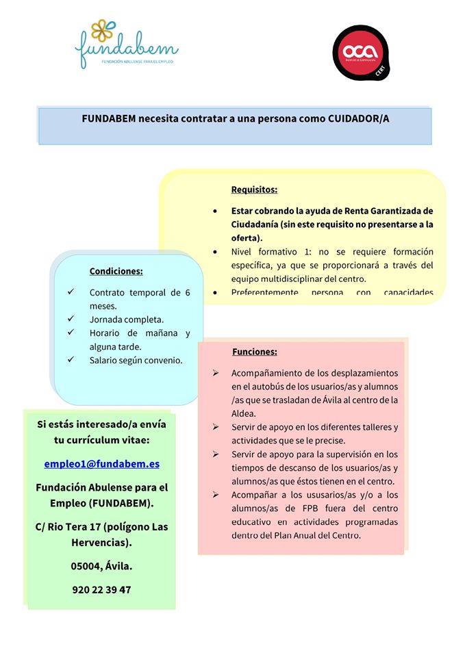 Fundabem necesita contratar a una persona como “Cuidador/a”