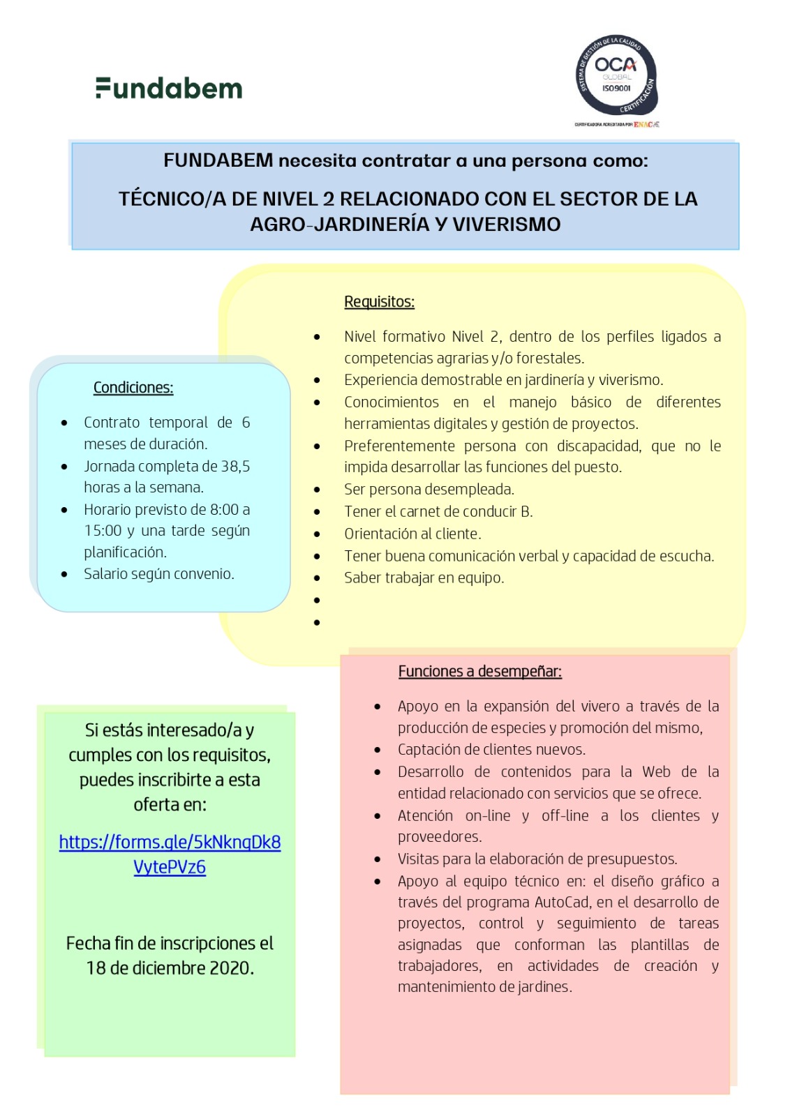 ‼️Fundabem necesita contratar TÉCNICO/A DE NIVEL 2 PARA EL SECTOR DE LA AGRO-JARDINERÍA Y VIVERISMO‼️