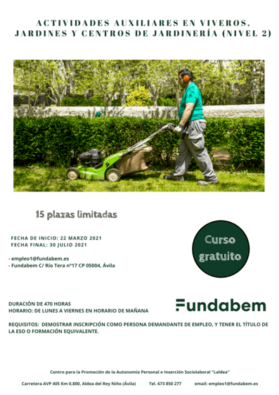 Informamos que en el próximo mes de marzo comenzaremos un nuevo curso con Certificado de Profesionalidad: “Actividades auxiliares en viveros, jardines y centros de jardinería” (Nivel 2)