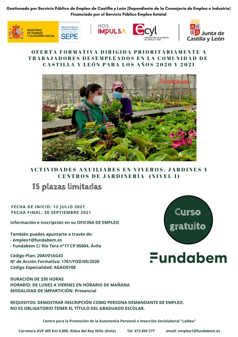 CURSO GRATUITO “ACTIVIDADES AUXILIARES EN VIVEROS, JARDINES Y CENTROS DE JARDINERÍA (NIVEL 1)”